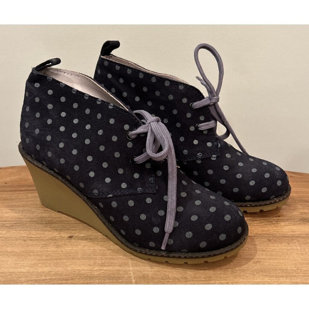 BODEN Shoes 38 US 7 Blue Polka Dot Suede Wedge Ankle Booties Lace Up